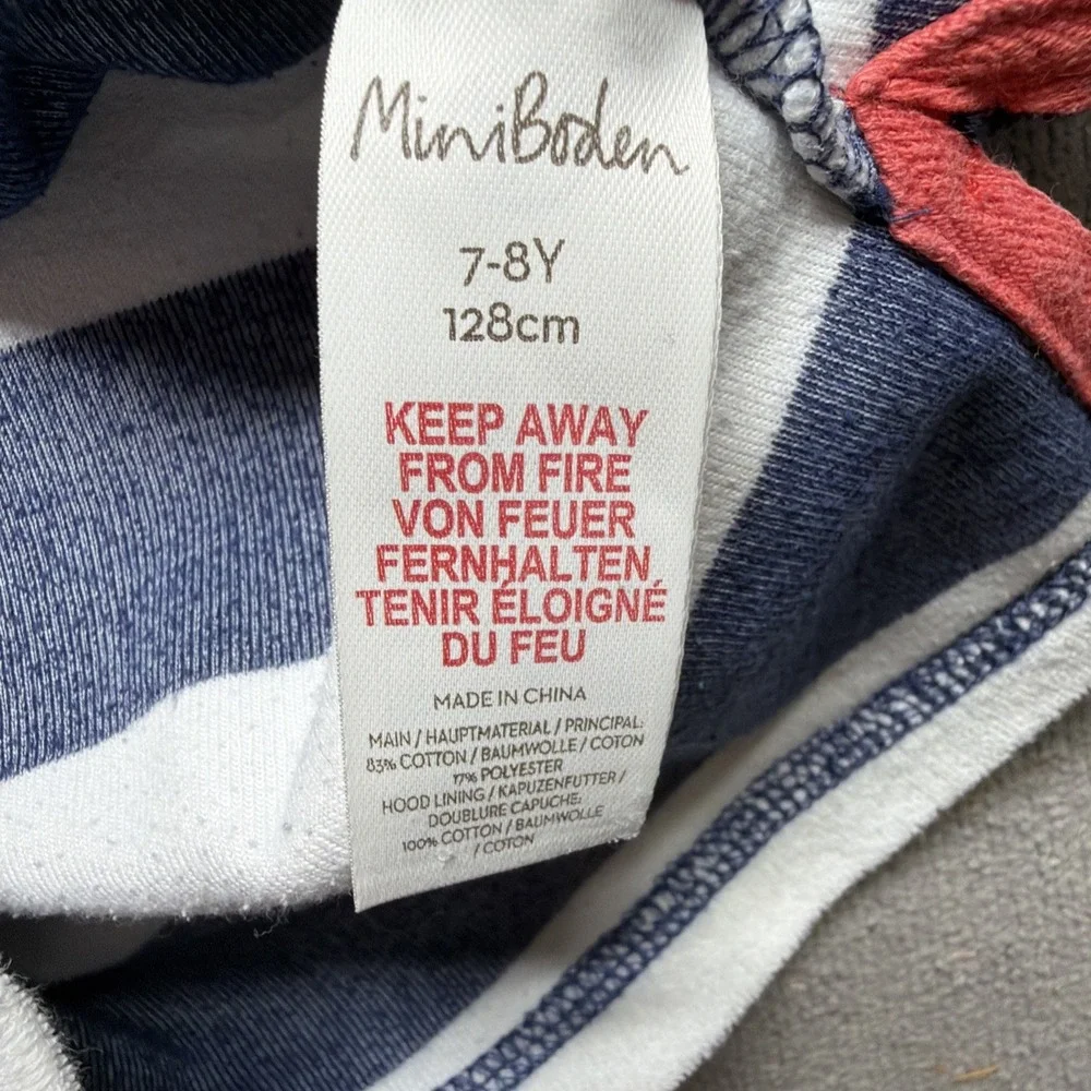 Mini Boden Blue White Striped‎ Terry Cloth Hoodie Kids 7 8